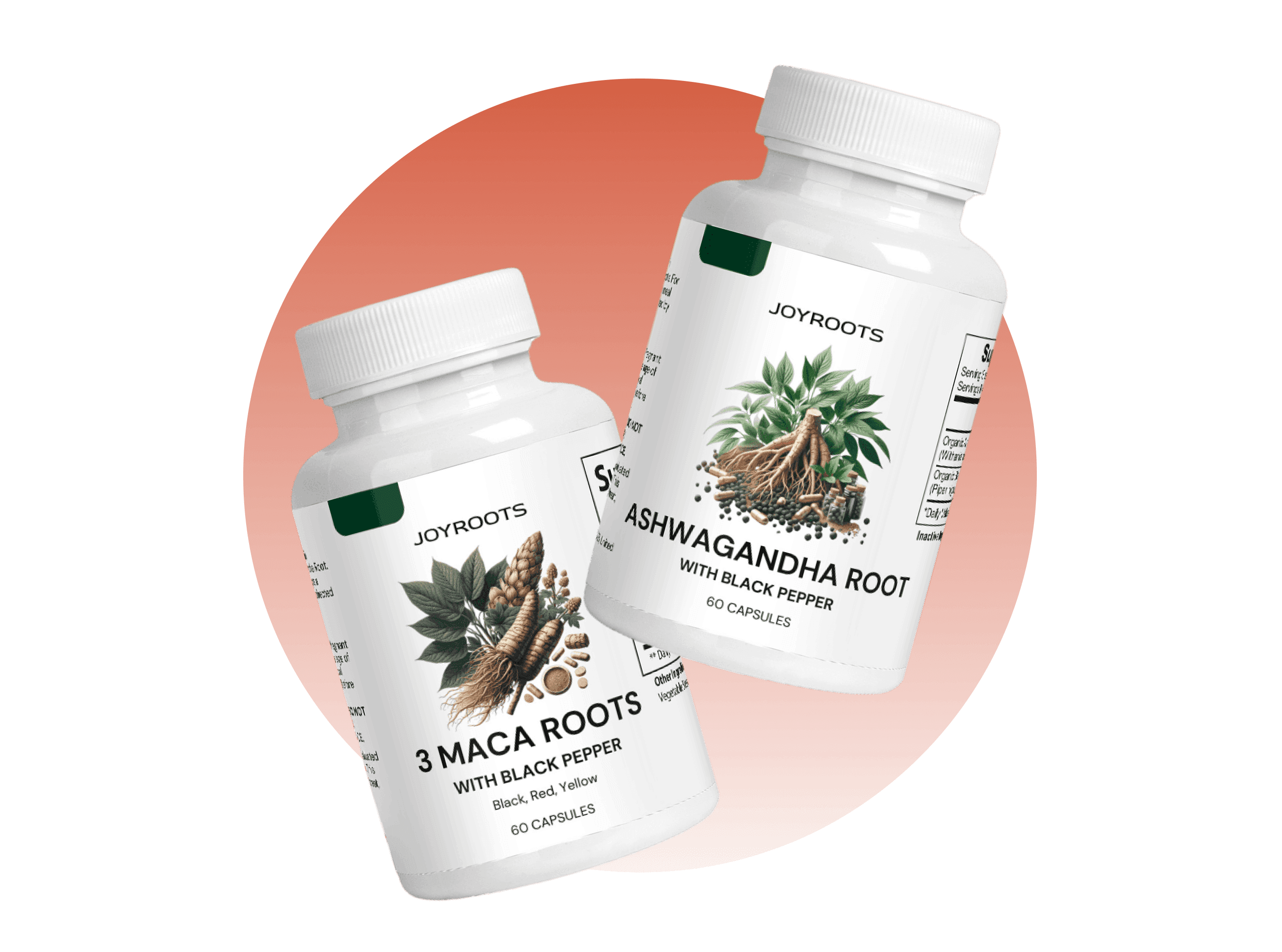 Joyroots, Maca and Ashwagandha bottles